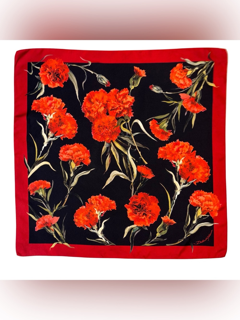 Dolce & Gabbana Red Carnation Fondo Nero Silk Scarf 70cm Square Made in Italy - Picture 10 of 10